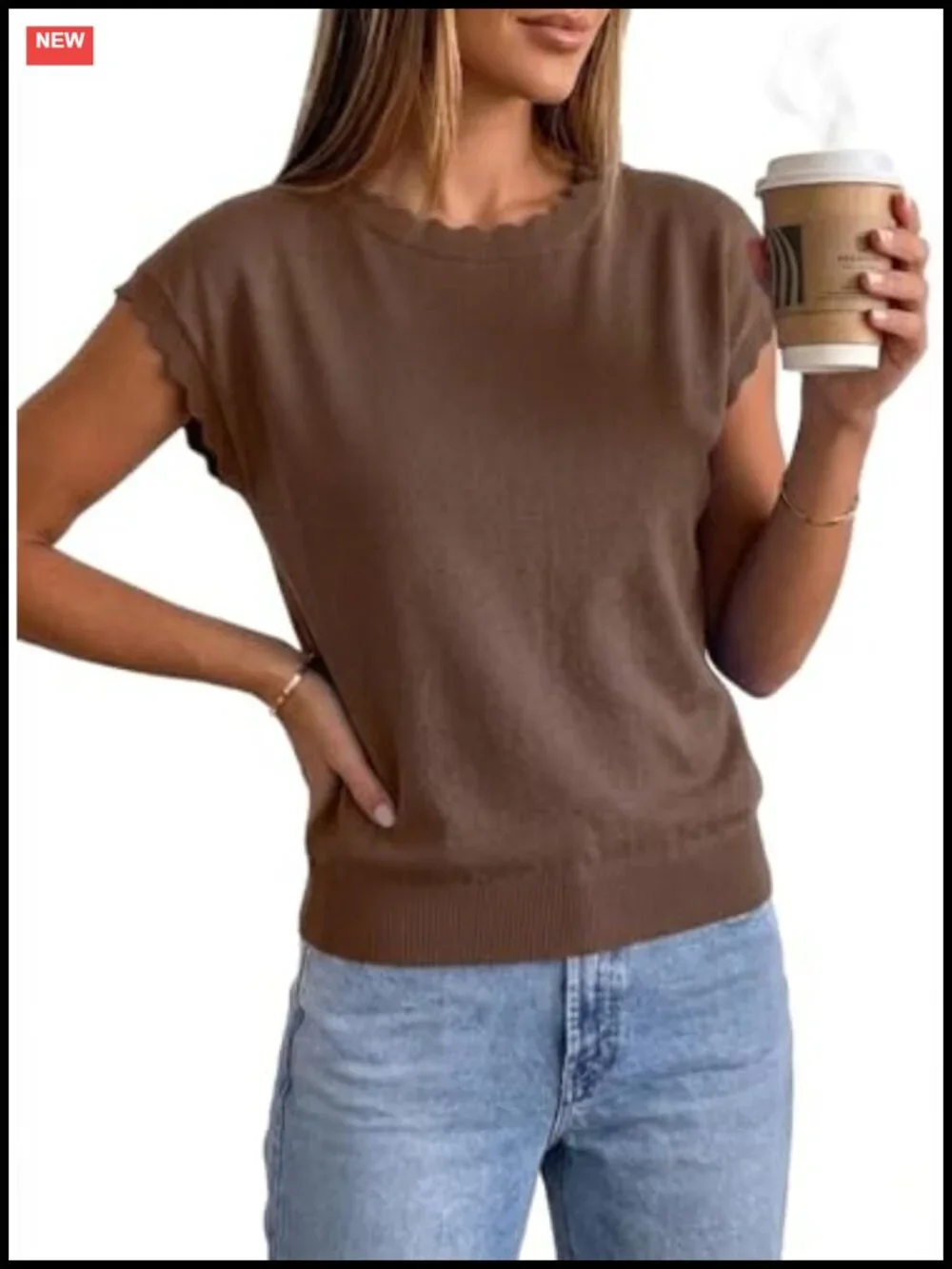 Women's Lightweight Knit Pullover Sweater with Scallop Edges